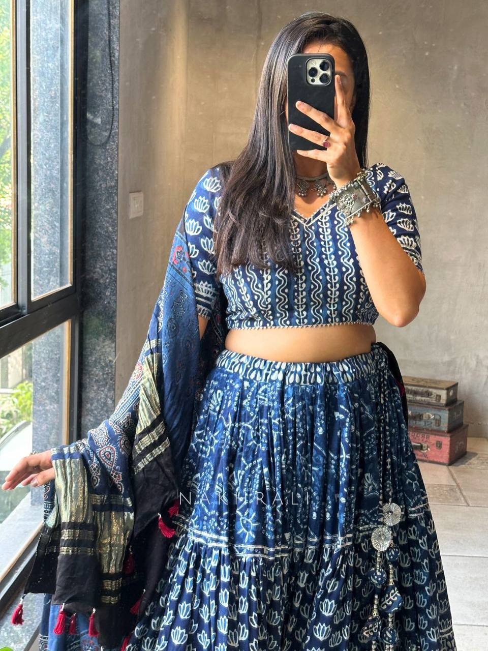 Blue Printed Rayon Lehenga Choli with 4-Mtr Flair